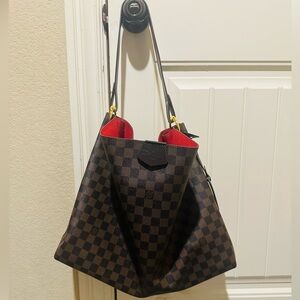 Brown Checkered Shoulder Bag with Red Interior